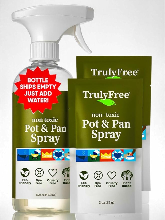 Truly Free Heavy Duty Pot & Pan Spray | Non Toxic Powerful Grease Remover, Multi-Purpose Kitchen Oven Cleaner Spray Degreaser for Stove Top, Grill Citrus Scent | 16 oz Empty Bottle + Two (3 oz) Fills