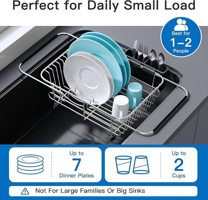 Apartment RV Small Dish Drainer Drying Rack Over The Sink In Stainless Steel for Narrow Kitchen, Counter Space Saving Compact Expandable Metal Dish Dryer Strainer, Adjustable Hanging Wire Drain Holder