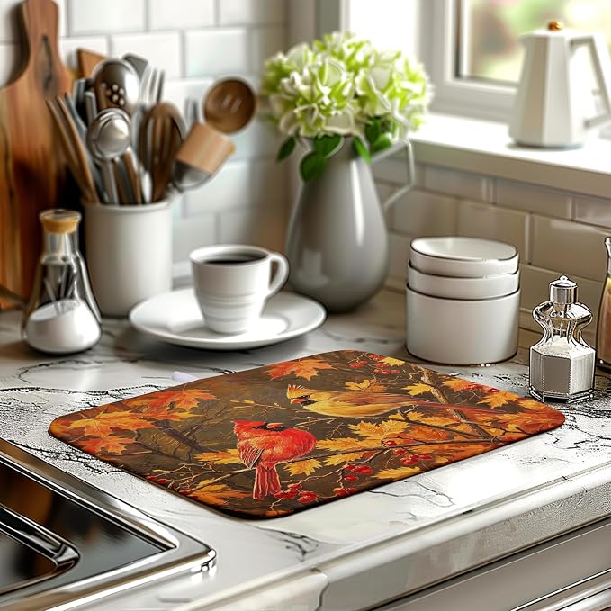 Fall Maple Leaves Birds Dish Drying Mat for Kitchen Counter 16x18 Autumn Colored Maple Forest Drying Mats Thanksgiving Harvest Dishes Drying Pad Absorbent Microfiber Sink Dish Drainer Rack Mat