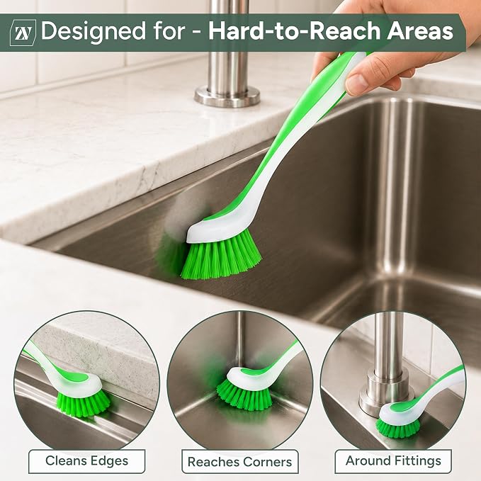 Zuvo Dish Brush Set of 3 with Suction Cup – Dish Scrubber & Cleaning Brush | Long-handle kitchen scrub brush, PET bristles, for dishes, pots, pans, sink & cast iron, 3 assorted colors, suction base