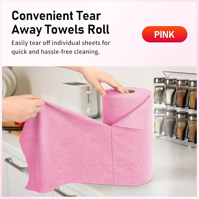 Microfiber Cleaning Cloth Roll, 75 Pack Tear Away Microfiber Towel, Reusable Washable Shop Towels, Lint Free Cleaning Rags for Car Home Kitchen Garage & Automotive 11.5"x11.5" Pink