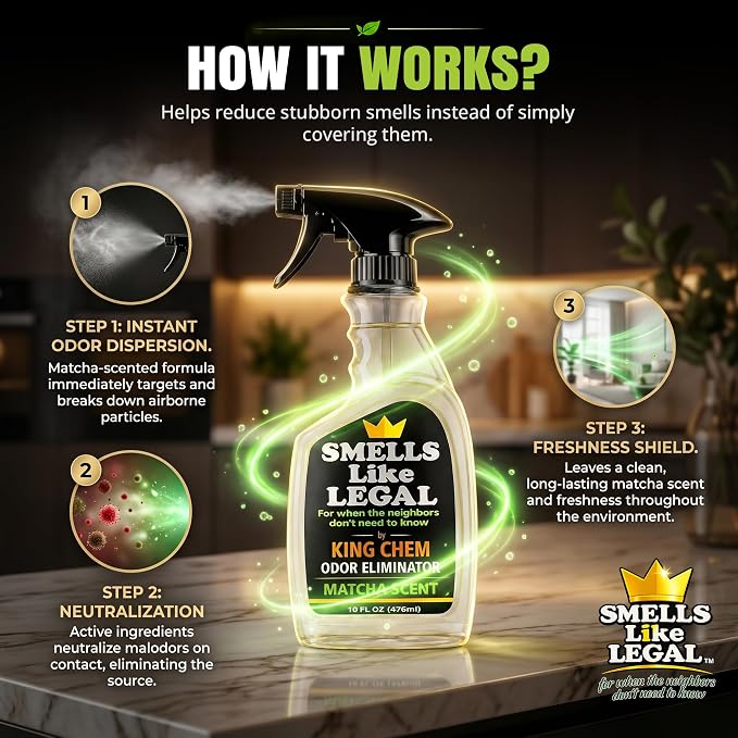 Smells Like Legal™ Matcha Odor Eliminator Spray - Powerful Commercial-Grade - Eliminates Smoke, Pet & Food Odors at source - Fabric-Safe, Non-Staining - Biodegradable Air & Fabric Freshener -16 oz | Commercial-Grade, Eliminates Smoke, Pet & Food Odors,...