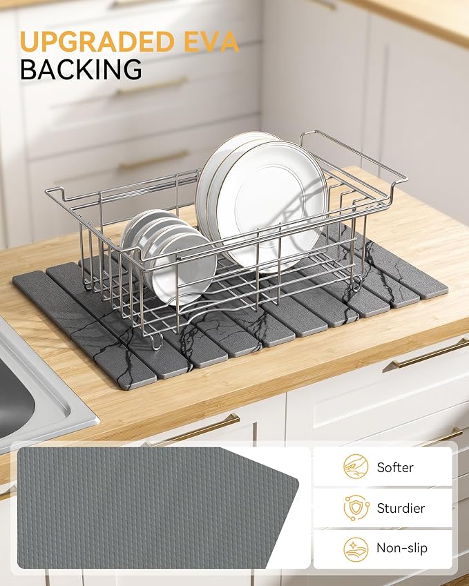 Yofidra Large Stone Dish Drying Mat for Kitchen Counter, Quick Dry Stone Mats with Absorbent Diatomaceous Earth, Foldable Roll Up Drying Organizer Pad for Utensils Plate, 24"×16", Dark Gray Marble