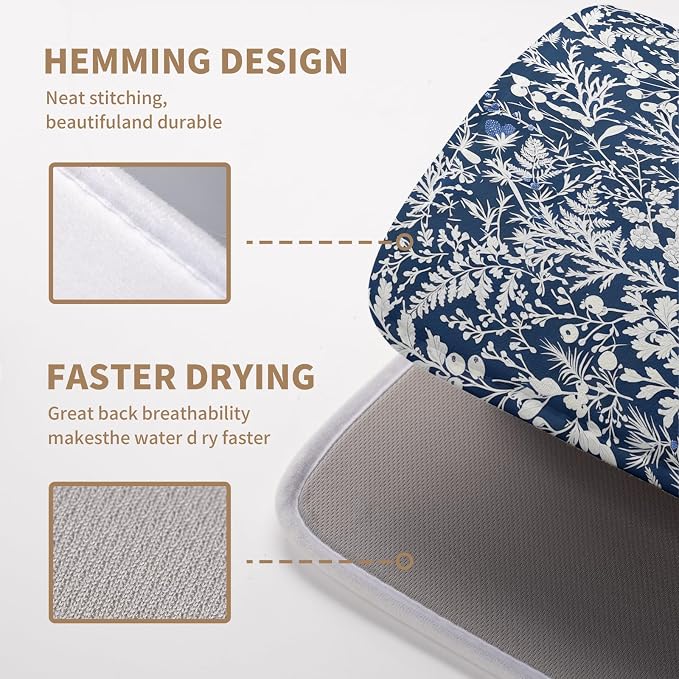 Blue and White Plant Dish Drying Mat Botanical Fern Leaves Floral Drying Mats for Kitchen Counter Microfiber Absorbent Dish Draining Mat Reusable Washable Dish Rack Pad 16x18 Inch