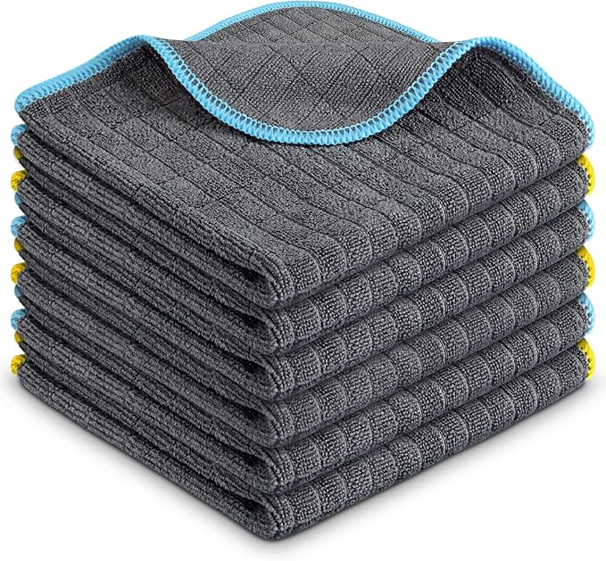 Airlab Glass Polishing Streak Free Miracle Cleaning Cloth, Grey-Yellow Blue | Lint Free Microfiber Cleaning Rags for Glasses Kitchen Dish Mirrors Easy Clean, 12 x 12 Inches, Pack of 6