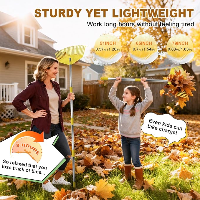 Leaf Rake - 16.5" Wide Nylon Plastic Head,65" Adjustable Handle,Heavy Duty for Leaves,Grass,Pine Needle,Mulch, Small Debris,Lawn-Friendly Tines,Lightweight for Women,Seniors & Kids