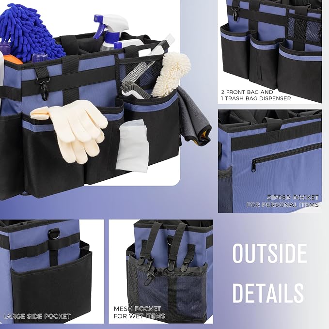 SCAVATA Wearable Cleaning Caddy, Cleaning Caddy Supplies Organizer with Handle & Shoulder Straps for Housekeepers, Under Sink & Car Cleaning Tool Organizers Bag with 4 Foldable Divider (CeruleanBlue)
