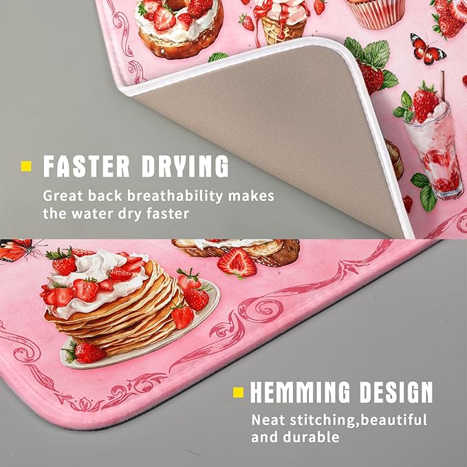 Pink Strawberry Dish Drying Mat for Kitchen Counter Washable Absorbent Dish Draining Mat 16×18in
