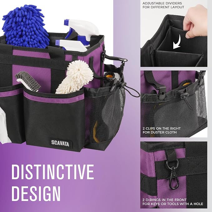 SCAVATA Compact Wearable Cleaning Caddy with Handle & Shoulder Straps | Small Cleaning Supplies Organizer, Under Sink & Car Cleaning Tools Storage Bag for Housekeepers Cleaners, RoyalPurple