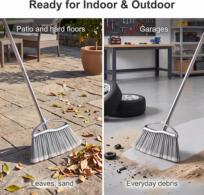 Heavy Duty Broom and Dustpan Set, Stainless Steel, 52.7-Inch for Sweeping | No-bend stand up design