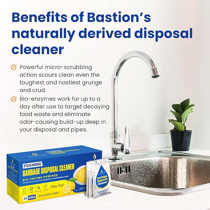 Bastion Garbage Disposal Cleaner and Deodorizer - 24-Count (1-Year Supply) Foaming Lemon Scented Kitchen Sink Freshener Pods & Drain Odor Eliminator Disposer Care