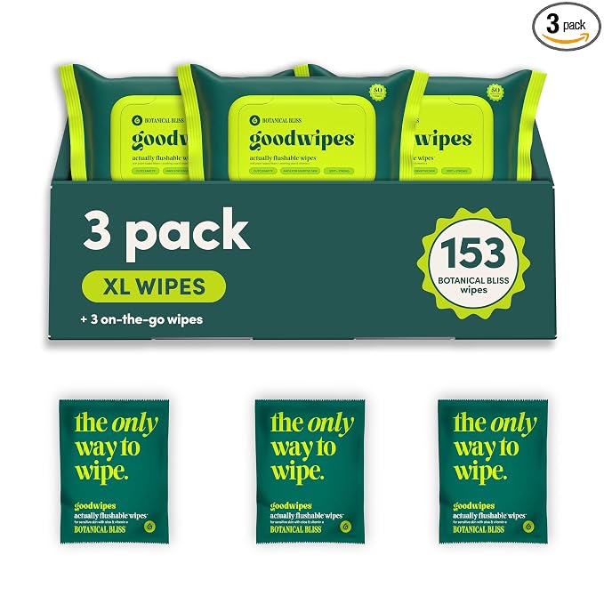 goodwipes Flushable Wipes - Botanical Bliss Wet Wipes for Adults, Sewer & Septic Safe, Guest Bathroom Essentials for Women & Men, pH Balanced & Extra Large, 153 Count (3 Packs and 3 Singles)