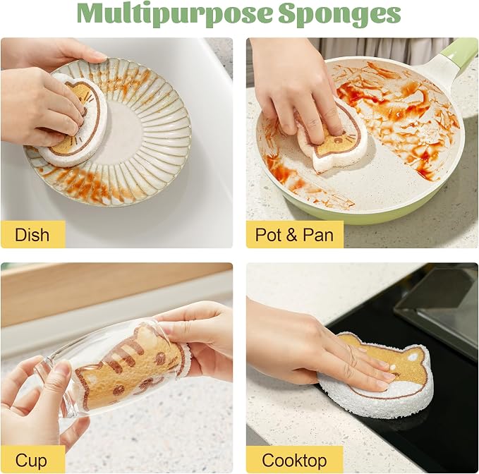 JOYMOOP Cartoon Kitchen Sponge, Cellulose Sponges for Cleaning, Non-Scratch Sponges for Dishes, Reusable Sponge for Household Cleaning - 9 Pcs Mixed Pattern (Kitten, Doggy and Piggy)