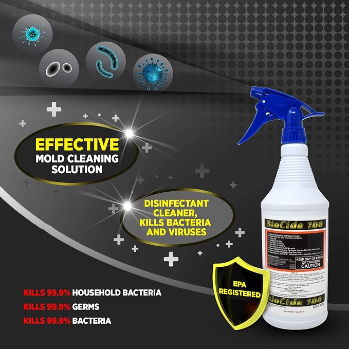 Biocide 100 EPA Registered Mold, Mildew and Fungi Remover, Cleaner and Disinfectant | Eliminates Household Mold Spores, Bacteria, Germs, Viruses | Non-Toxic and Safe | 1-Quart