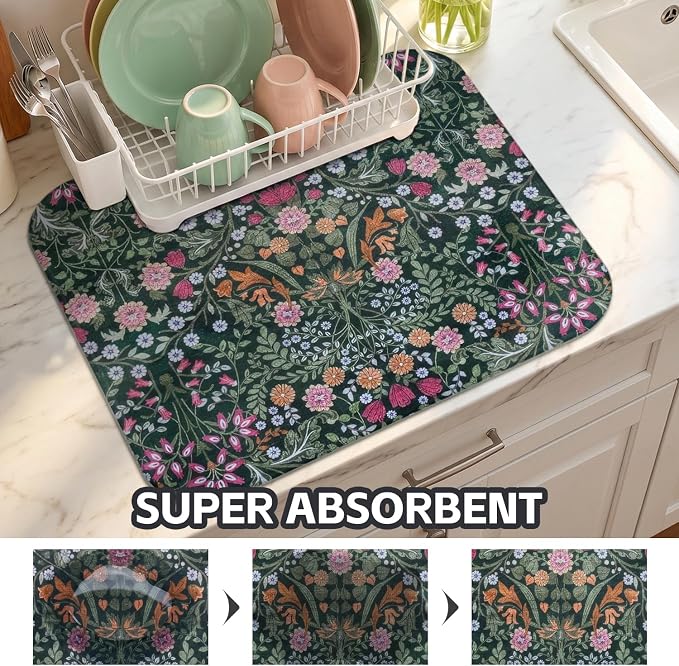 Boho Dish Drying Mat for Kitchen Counter,Botanical Floral Dark Green Farmhouse Absorbent Microfiber Reusable Washable Non-Slip Dish Drainer Draining Mats Dishes Pad for Kitchen Decor 18x16 Inch