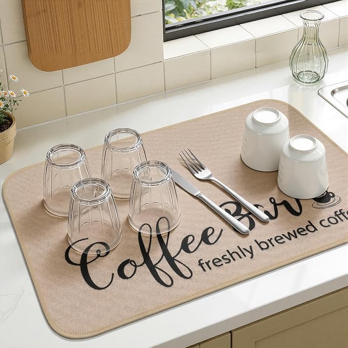 Findosom Dish Drying Mat, 17"x 32" Super Absorbent & Hide Stain Coffee Mat, Cuttable Drying Mat for Kitchen Counter, Coffee Bar Accessories, Under Dish Rack, Coffee Maker, Espresso Machine, Linen
