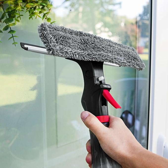 Libman 3-in-1 Window Squeegee Spray Tool – Spray Bottle with Microfiber Scrubber and Rubber Blade – All-in-One Glass Cleaner – Streak-Free Shine – Machine-Washable – Easy Storage & Use