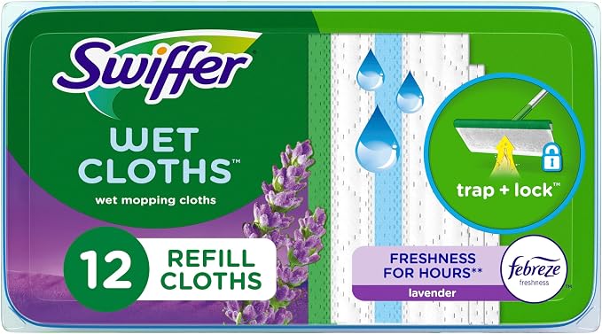 Swiffer Sweep + Mop, Wet Pads Refill, Floor Cleaner for Dirt, Dust, Hair, Cleaning Cloths for Mopping Home, Bathroom, Kitchen, All Purpose Multi-Surface Floor Wipes, Lavender, 12ct
