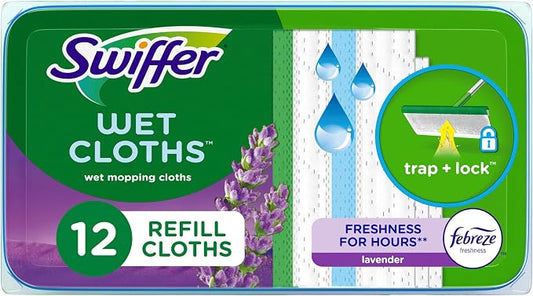 Swiffer Sweep + Mop, Wet Pads Refill, Floor Cleaner for Dirt, Dust, Hair, Cleaning Cloths for Mopping Home, Bathroom, Kitchen, All Purpose Multi-Surface Floor Wipes, Lavender, 12ct