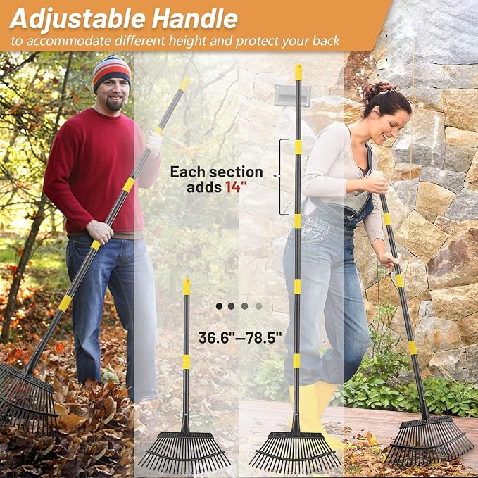 Garden Rake - Large Leaves Rakes for Gardening - 25 Metal Tines 18" Wide - 78" Long Handle Leaf Rakes for Lawns Heavy Duty for Yard Lawn Shrub Garden Beds