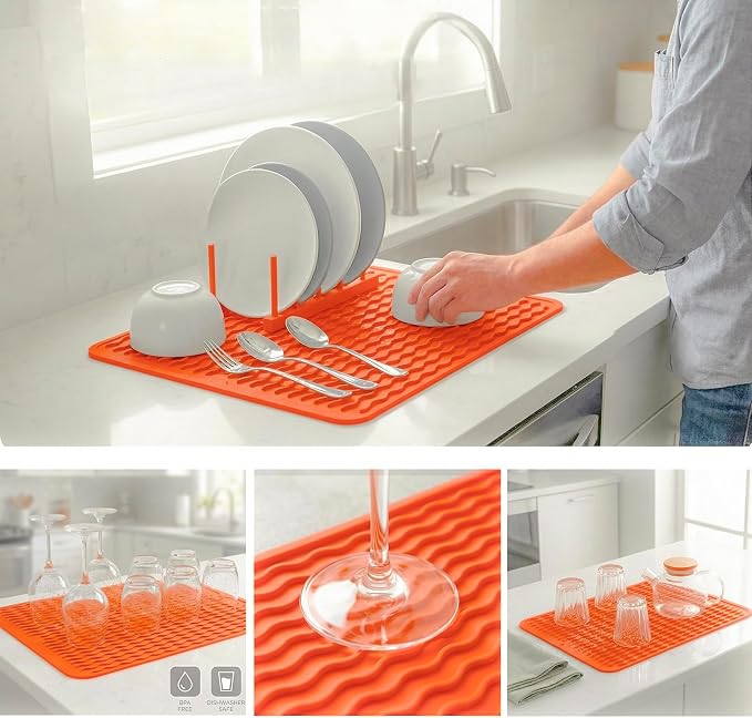 MicoYang Silicone Dish Drying Mat — Quick-Dry Ridges Counter & Sink Pad, Heat-Resistant Trivet to 450°F, Non-Slip & Dishwasher Safe, Roll-Up Storage, 18 Colors & 9 Sizes (Orange, 16"×12")