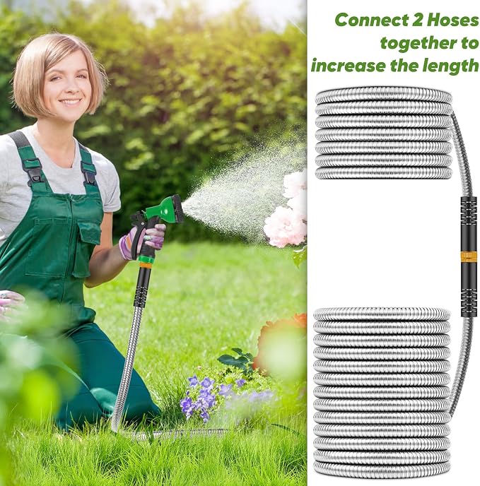 Garden Hose 25ft, Stainless Steel Heavy Duty Water Hose with 10 Function Nozzle Flexible, Lightweight, No-Kink, Pet Proof, Puncture Proof Metal Hose for Yard, Outdoor