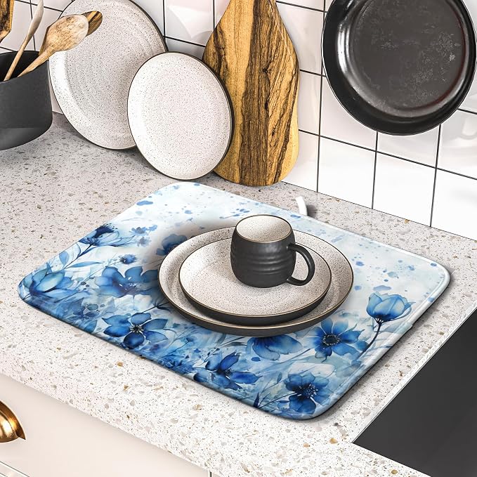 Giwawa Blue Floral Dish Drying Mat for Kitchen Counter Watercolor Leaves Dishes Drainer Rack Mat Absorbent Microfiber Dish Draining Pad 16x18 Inch