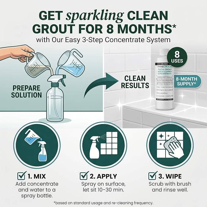 Think Crucial 8-Use Tile, Grout & Caulk Cleaner Concentrate, Bleach Free, Citric Acid, 8 fl oz