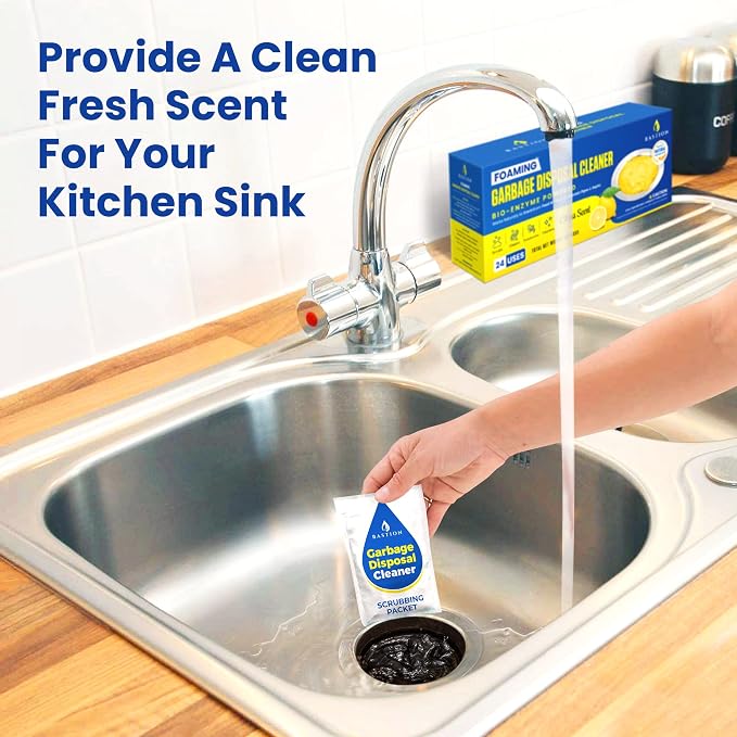 Bastion Garbage Disposal Cleaner and Deodorizer - 24-Count (1-Year Supply) Foaming Lemon Scented Kitchen Sink Freshener Pods & Drain Odor Eliminator Disposer Care
