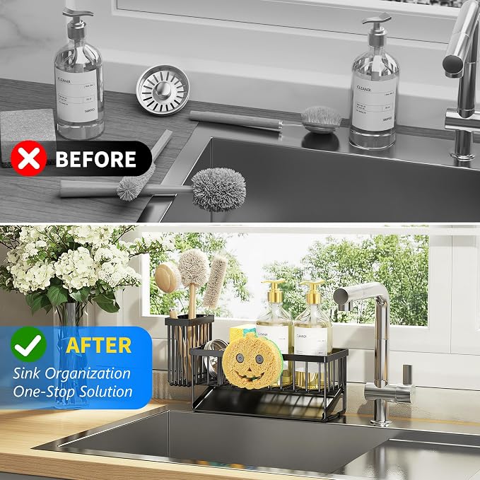 Cisily Kitchen Sink Caddy Organzier with High Brush Holder, Sponge Holder for Sink, 304 Rustproof Stainless, Kitchen Countertop Soap Dispenser Organizer (Black With Smiley Face Holder, 9.25″)