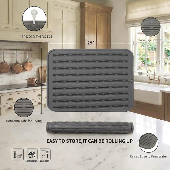 MicoYang Silicone Dish Drying Mat for Multiple Usage,Easy clean,Eco-friendly,Heat-resistant Silicone Mat for Kitchen Counter or Sink,Refrigerator or Drawer Liner Grey 3XL 28 inches x 18 inches