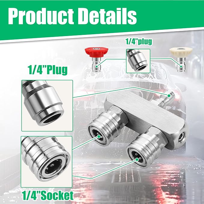 2-in-1 Pressure Washer Tips, 8 Nozzles, 1/4" Quick Connect | Dual Nozzle Body with 0°/15°/25°/40° Spray Tips for Cars, Driveways, Patios, and Suitable Hard-Surface Rinsing