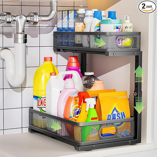 Under Sink Organizer 2 Pack, High Adjustable 2 Tier Under Sink Organizers and Storage, Slide out Metal Cabinet Organizers, Pull out Storage Drawer Shelf for Kitchen Bathroom Cabinet (Black-1pack)