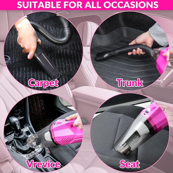 ThinkLearn Car Cleaning Kit with High Power Car Vacuum Detailing Kit | Cute Pink，Powerful 8000Pa Suction，15ft Long Cord，24piece Set，Interior Cleaning Deep Cleaning，Car Accessories Gift For Women