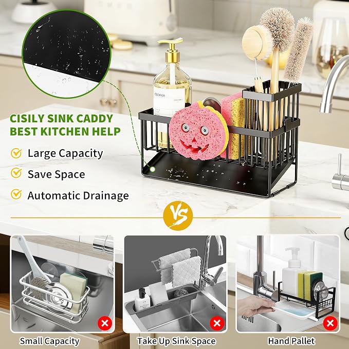 Cisily 8.26'' Sponge Holder for Kitchen Sink, Smiley Face Sink Caddy with Removable Brush Holder,Self-Draining Sponge Caddy for Sponge,Soap,Dish Brush,Scrubber,Kitchen Essentials and Gadgets