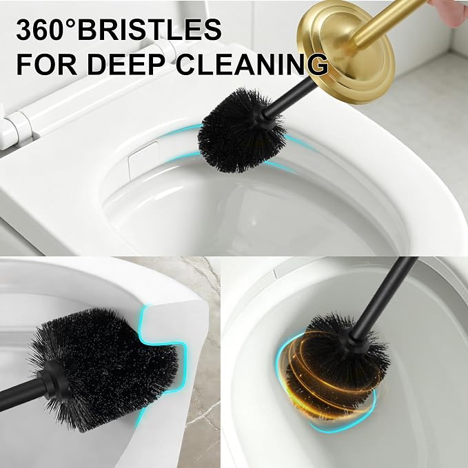 Stainless Steel Toilet Brush and Holder Set,Extra Long Handled Toilet Brush for Bathroom,Heavy Duty Toilet Bowl Brush,Modern Toilet Cleaner Brush, Splash Protection,Deep Cleaning (Gold)