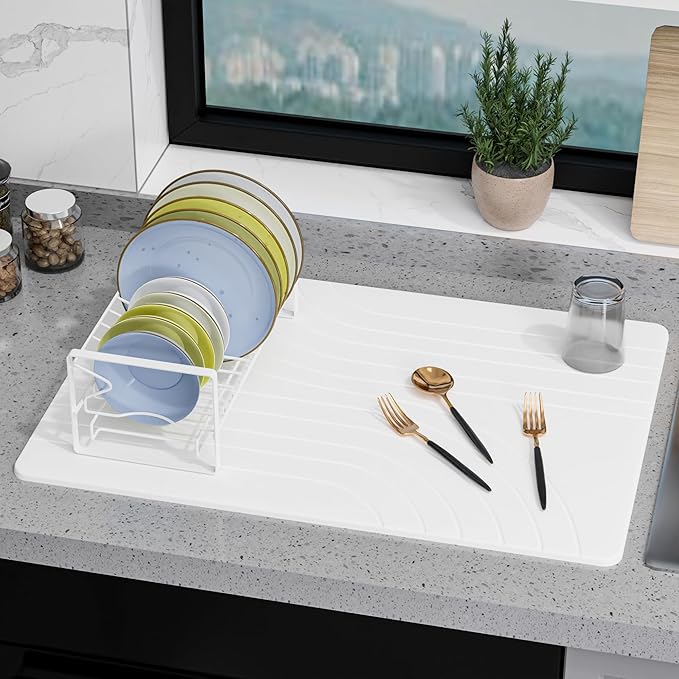 Large Stone Drying Mat for Kitchen Counter, 24" × 16" Diatomite Dish Drying Mat, Quick Dry Stone Mats, Ultra Absorbent Natural Diatomaceous Earth Mats for Dished, Bottles, White