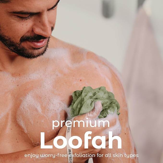 MainBasics Shower Loofah Sponge Pouf, Set of 3, Earthy Love | Soft Mesh Body Scrubber and Bath Sponge for Gentle Exfoliation, Rich Lather, and Everyday Shower Use