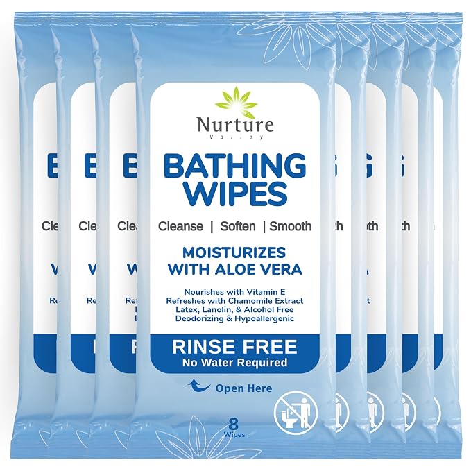 Nurture Rinse Free Bathing Disposable Adult Wipes w/Aloe - Waterless Care | 64 Wipes Waterless Cleansing Disposable Adult Body Bath Wet Wipes for Sensitive Dry Skin, Disabled & Bedridden Care Washcloth