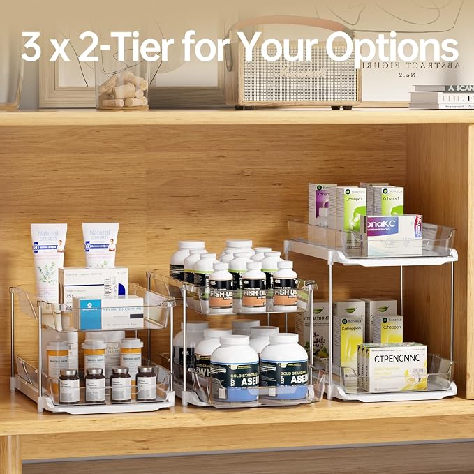 Delamu 2 Sets of 3-Tier Bathroom Under Sink Organizers and Storage, Multi-Purpose Stackable Pantry Organization and Storage, Pull Out Clear Kitchen Bathroom Cabinet Organizer with Movable Dividers | Storage