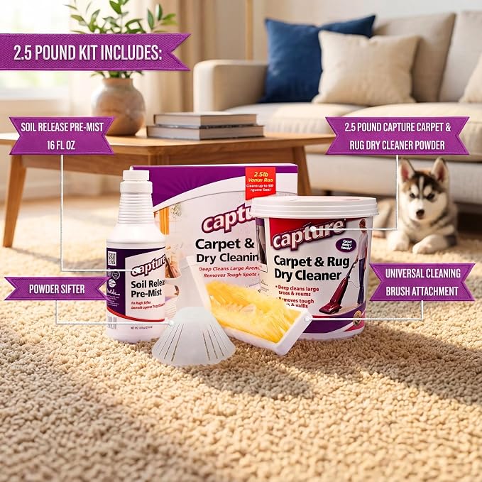 Capture Carpet Total Care Kit 250 - Carpet Deodorizer & Freshener Powder - Spot & Stain Remover - Pet Odor Eliminator - Fresh Natural Scent - Dry Rug Powder Cleaner w/Pre-Mist Spray