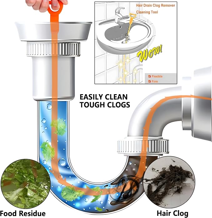Drain Snake, Drain Clog Remover,Hair snake Tool Opener, sink snake for Sewer Kitchen Sink Bathroom Tub Toilet Clogged Drains Relief Cleaning Tool(1pc 25 Inch +1pc 20inch)