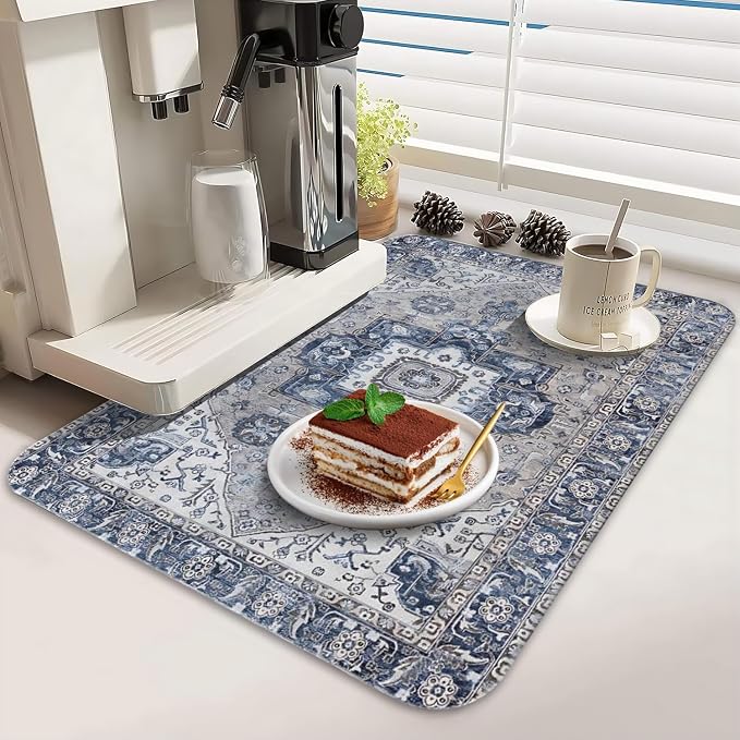 Dish Drying Mat 2-Pack with Medallion for Kitchen Counter Absorbent Dishes | Diatom Mud Mats (18x24, 19.5x12"). Non-slip rubber back for kitchen counter, coffee bar & sink scenes