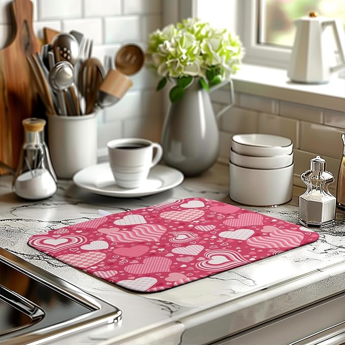 Valentine's Day Red Pink Love Heart Drying Mat for Kitchen Counter - Absorbent Microfiber Dish Drainer Mats - Medium Drying Pad - 16x18 Inch
