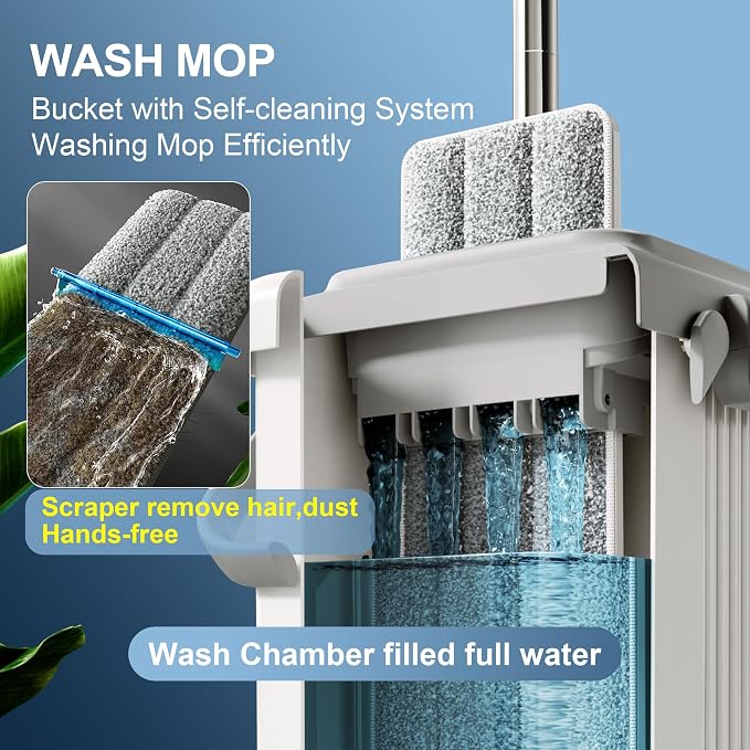 JOYMOOP Flat Mop System, Microfiber Mop and Bucket Set, White, Hands-Free Floor Cleaning Mop for Household & Commercial Use, Wet and Dry Cleaning, Includes 3 Washable Pads