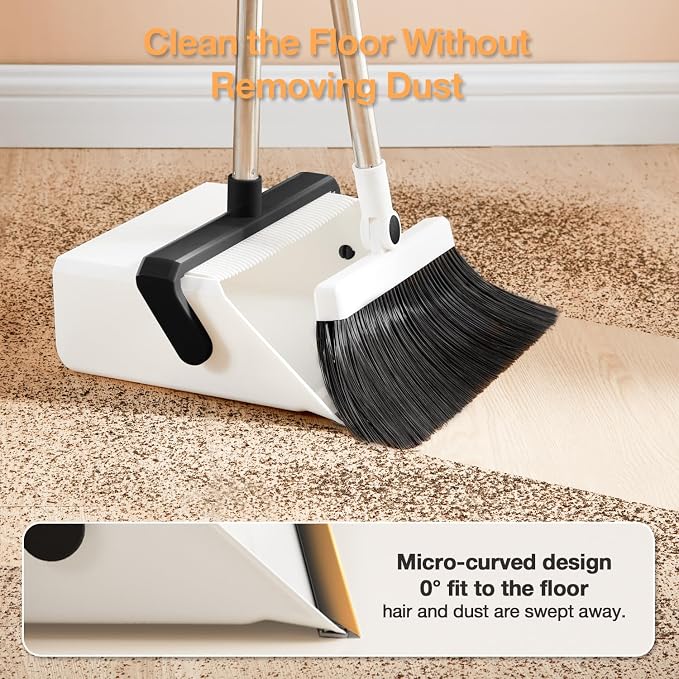 Broom with Dustpan Combo Set,UOEOS One-Sweep Clean,Pet Hair Removal Broom with Self-Cleaning Double-Layer Teeth,High Density Broom and Windproof Dustpan for Indoor&Outdoor
