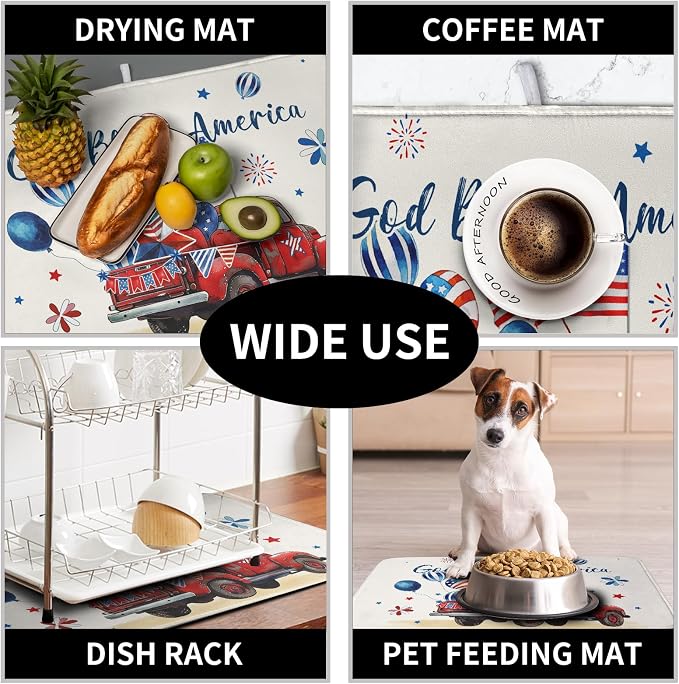 4th of July Drying Mat for Kitchen Counter 16 x 18 US Independence Day Patriotic Truck Dish Drying Mat Polyester American Flag Dish Drainer Mat Super Absorbent Dish Rack Pad for Coffee Bar Sinks
