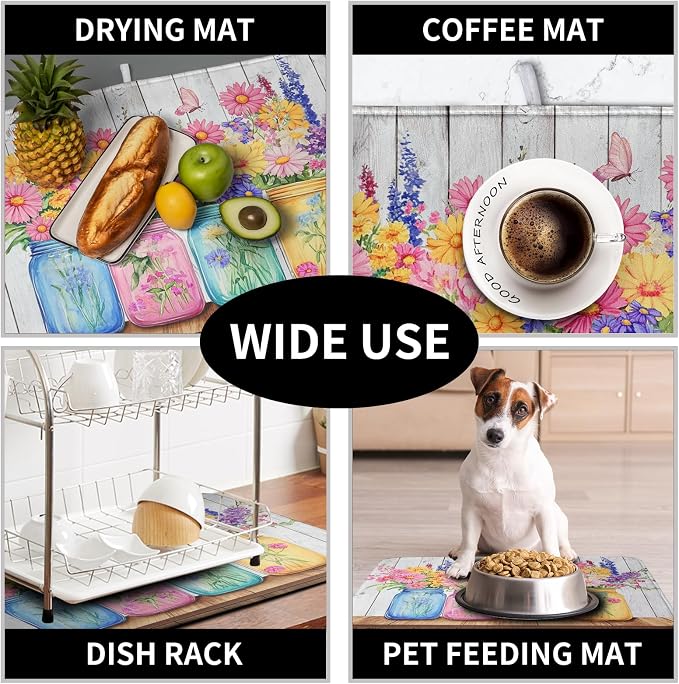 Daisy Dish Drying Mat for Kitchen Counter Spring Summer Flowers Vases Dishes Pad Microfiber Absorbent Dish Draining Mats Rustic Farmhouse Floral Wooden Board Dish Drainer Rack Mat 18x24 Inch