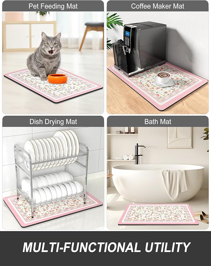Rnivvi Dish Drying Mat for Kitchen Counter, 12 x 19" Cute Flower Theme Super Absorbent Draining Pad, Non-Slip Heat Resistant Coffee Bar Mats for Coffee Machine Station Accessories, Pink Dish Rack Pad
