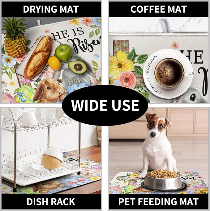 He is Risen Easter Dish Drying Mat for Kitchen Counter Bunny Floral Cross Dish Drainer Mats Spring Rabbit Flowers Egg Dish Drying Pads Absorbent Microfiber Reusable Dish Rack Mat 18x24 Inch